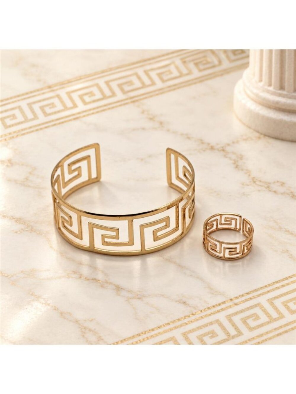 Gold Tone Greek Key Open Cuff Bracelet Adjustable Ring Jewelry Set